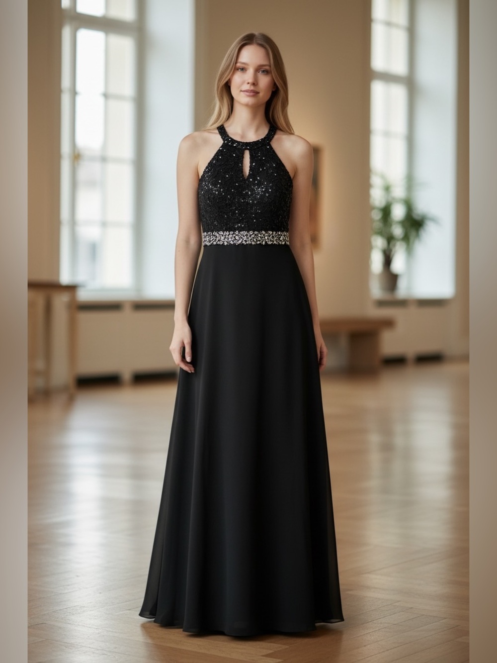 Scala Elegant Black Lace Backless Dress with Glittering Waistband